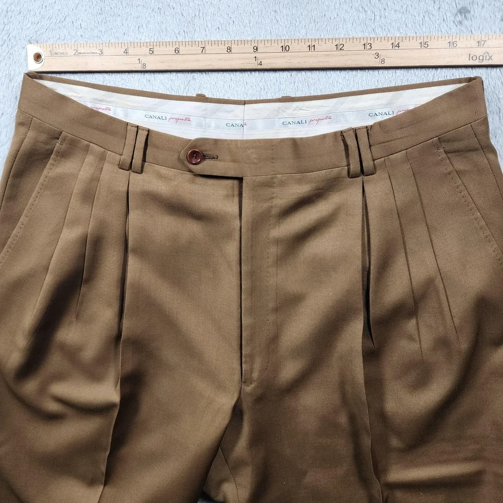 Canali Proposta Pants Mens 36x29 (Fits 34x30) Brown Wool Pleated Cuffed Italy
